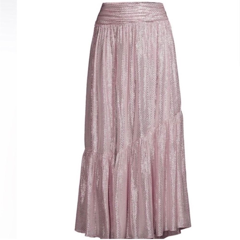 Ramy Brook | Luxe Jessie Pink Shimmer Metallic Split Front Ruffle Maxi Skirt 2 - Picture 9 of 17
